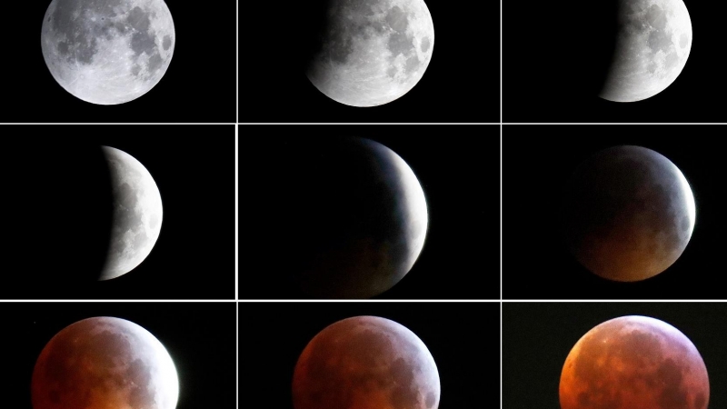 A combination of nine pictures shows the full moon turning into the 'super blood wolf moon' during a total lunar eclipse in Frankfurt.