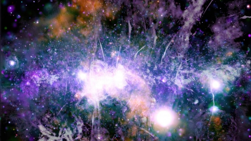 Nuevo panorama del centro de la Vía Láctea en rayos X (naranja, verde, azul y violeta)  y radio (gris y lila).