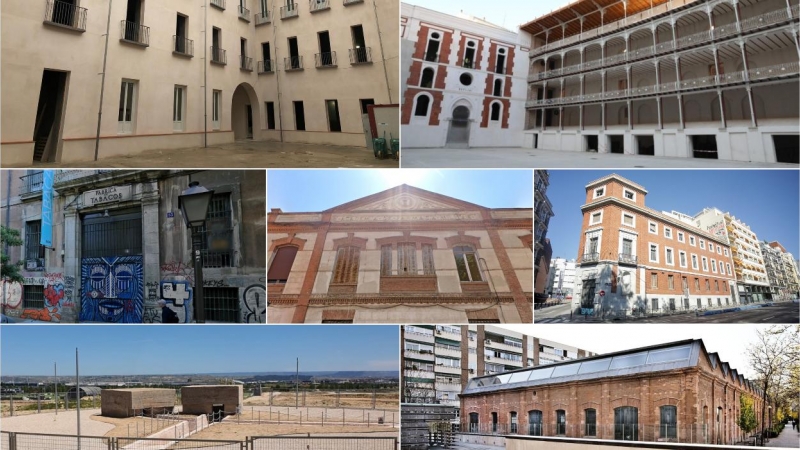 De izquierda a derecha y de arriba a abajo, el Palacio Duquesa de Sueca, el frontón Beti Jai, la antigua Fábrica de Tabacos de Madrid, el Centro Militar de Farmacia, el edificio Prado 30, los Fortines de Mata Espesa y la Nave Daoiz y Velarde.
