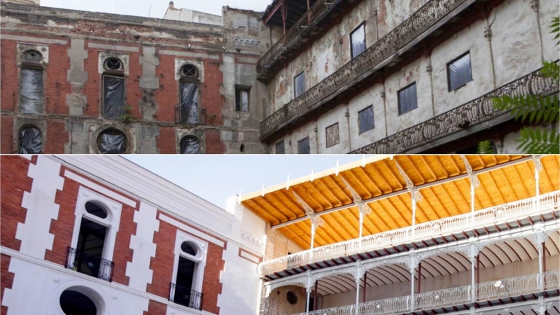 Antes y después de las obras de rehabilitación del frontón Beti Jai.