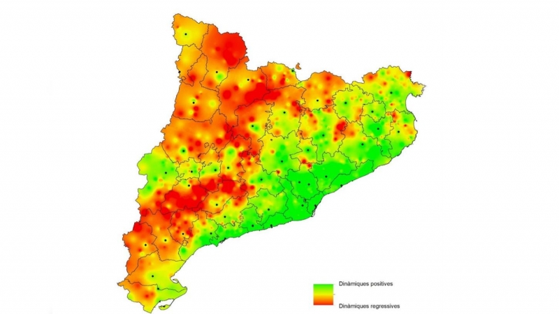 Mapa dels municipis catalans amb risc de despoblament.