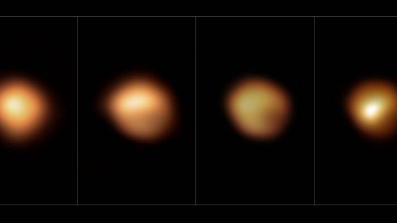 Imágenes de Betelgeuse tomadas con el instrumento SPHERE, instalado en el Very Large Telescope (Chile), en enero de 2019 (con su brillo normal), diciembre de 2019, enero de 2020 y marzo de 2020, en las que se observa la gran atenuación de la estrella