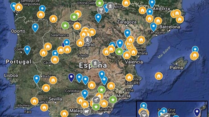 Mapa con destinos de 'astroturismo' en España.