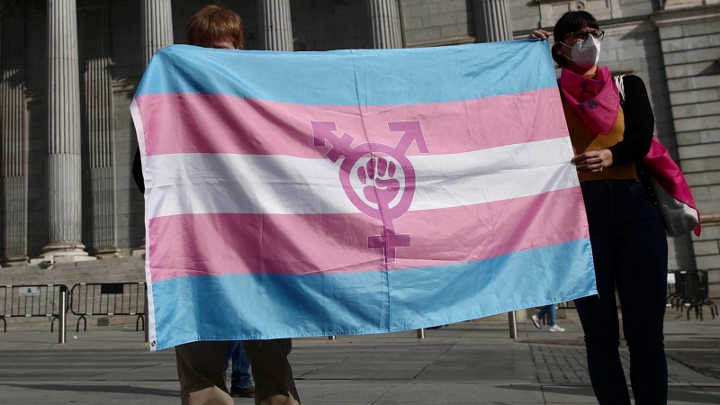 Dos personas sostienen una bandera trans durante una concentración convocada frente al Congreso de los Diputados en Madrid.