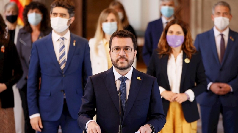 El president de la Generalitat, Pere Aragonès, durante la declaración institucional que ha realizado este martes.