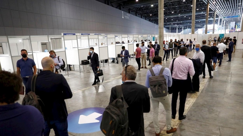 Aspecto de las cabinas para la realización de test de antígenos, obligatorio antes de entrar al Mobile World Congress (MWC) de Barcelona.