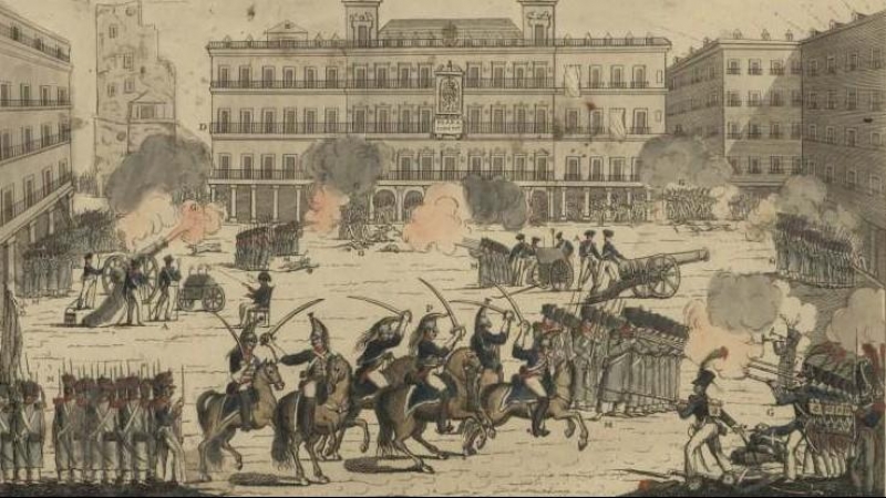 La Milicia Nacional defiende la plaza Mayor de Madrid del ataque de la Guardia Real.