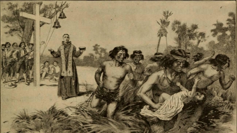 Ilustración del libro The Spanish in the Southwest (1903), de Rosa V. Winterburn, donde se ilustra la Misión San Diego Alcalá fundada por el fraile.