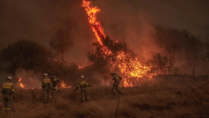 Varios bomberos forestales realizan labores de extinción en un incendio en Cualedro, Ourense, en septiembre de 2020.