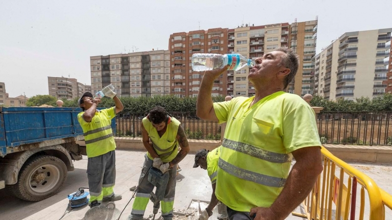 Trabajadores de la construcción beben agua en Murcia.