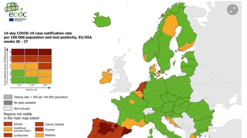 Mapa de l'ECDC sobre el risc per coronavirus a Europa, del 15 de juliol del 2021