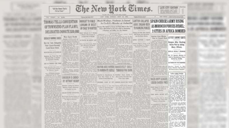 Portada de 'The New York Times' el 19 de julio de 1936.