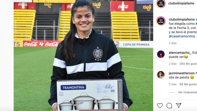 Captura de la cuenta de IG del Olimpia, equipo de Dahiana Bogarín, con su premio: unas ollas.