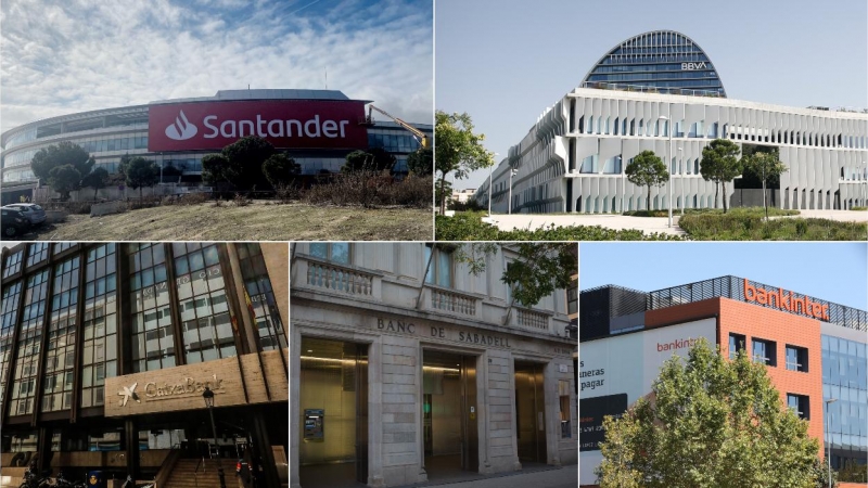 Sedes de los cinco mayores bancos de España: Santander, BBVA. Caixabank, Sabadell, y Bankinter.