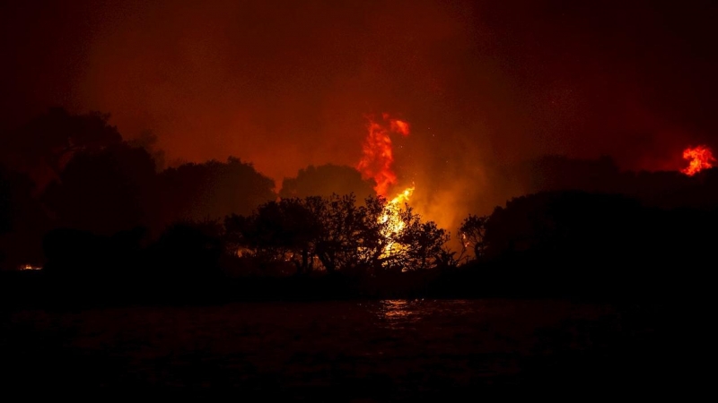 Fotografía de un incendio forestal en una zona rural hoy, en el distrito Milas de Mugla (Turquía).