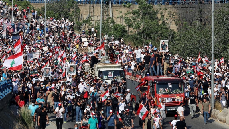 Manifestación del primer aniversario de la explosión del puerto de Beirut.