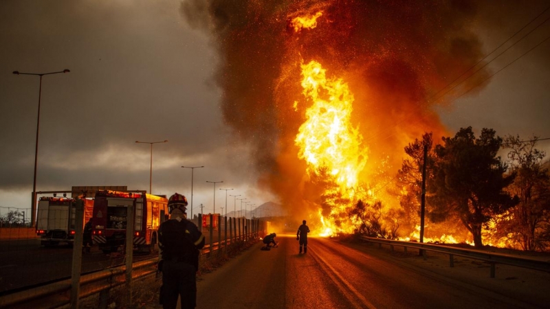 Grecia, Afidnes: los bomberos luchan contra un incendio forestal en una zona boscosa al norte de Atenas.