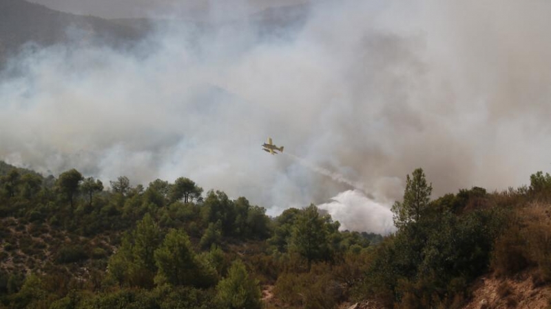 Un hidroavió durant les tasques d'extinció de l'incendi de la Pobla de Massaluca, a la Terra Alta.