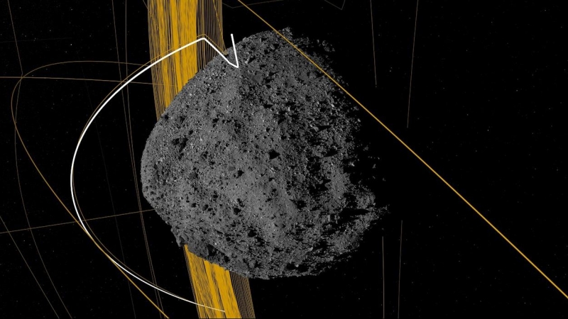 Imagen computarizada cedida por el Centro de vuelo espacial Goddard de la NASA que muestra la simulación de trayectoria del asteroide Bennu. EFE