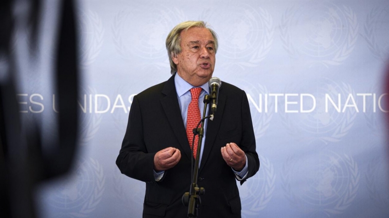 El secretario general de Naciones Unidas, Antonio Guterres, interviene en rueda de prensa, en el X aniversario del Centro de Naciones Unidas de Teconlogía, a 1 de julio de 2021, en Quart de Poblet, Valencia.