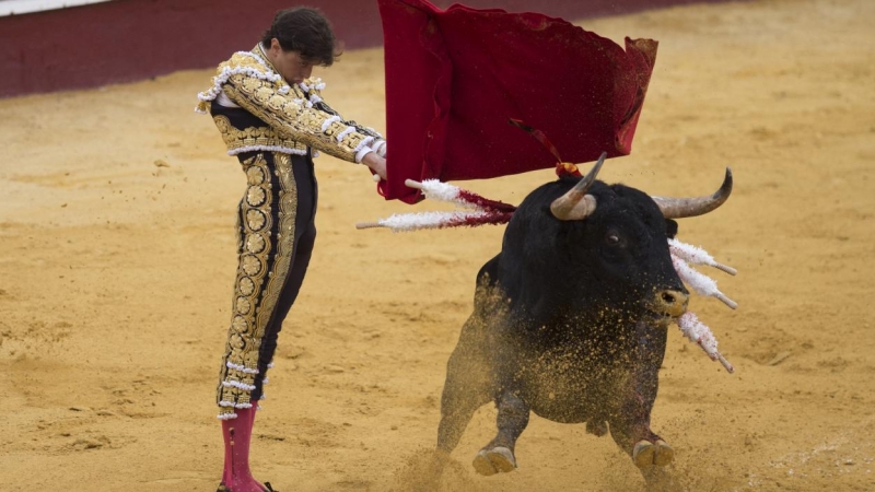 Un torero realiza un pase con muleta durante una corrida de toros en la plaza de toros de la Malagueta de Málaga el 21 de agosto de 2021.