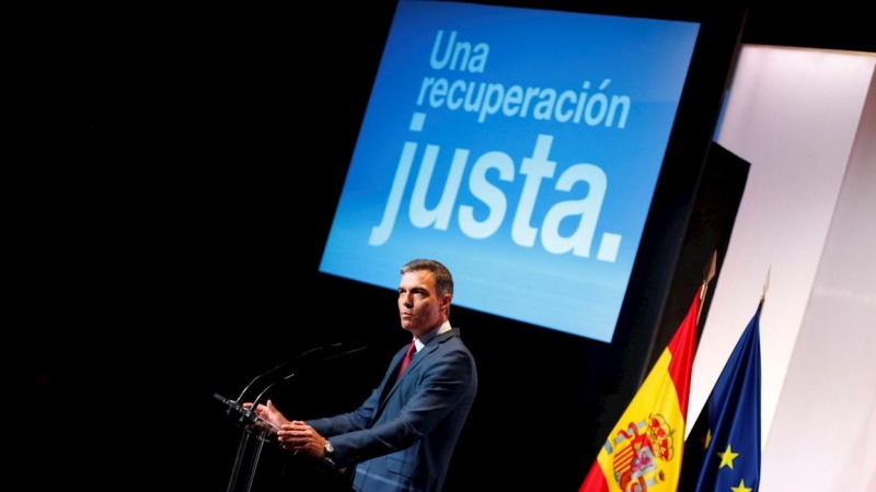 01/09/2021.-El presidente del Gobierno, Pedro Sánchez, durante la presentación este miércoles en un acto con buena parte de su gabinete, y al que están invitados empresarios y sindicatos.