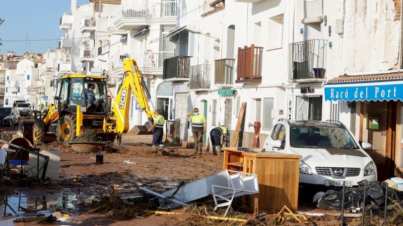 Unos trabajadores participan en los labores de limpieza por los daños causados en les Cases d'Alcanar (Tarragona).