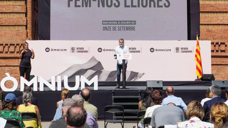 Jordi Cuixart durant el seu parlament en l'acte d'Òmnium Cultural per aquesta Diada de 2021.