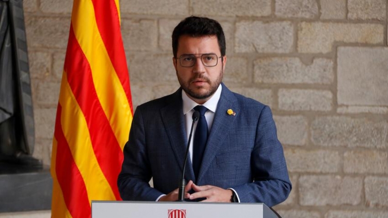 El president de la Generalitat, Pere Aragonès, en una compareixença a la Galeria Gòtica del Palau de la Generalitat.