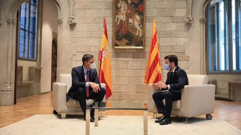 Pedro Sánchez i Pere Aragonès en la reunió que han mantingut aquest dimecres al Palau de la Generalitat.