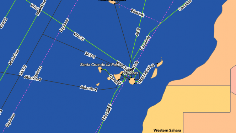 Esquema de los grandes cables submarinos que rodean las Islas Canarias.