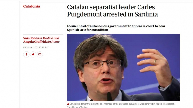 La peça que el britànic 'Guardian' ha dedicat a la detenció de Puigdemont.