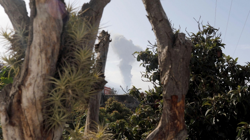 Una columna de humo se eleva desde el volcán en la isla de La Palma este lunes 27 de septiembre de 2021.