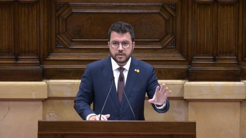 El president de la Generalitat, Pere Aragonès, durant el discurs del seu primer debat de política general.