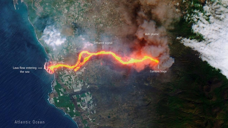 El flujo de lava del volcán de la Cumbre Vieja captado por la misión Copernicus Sentinel-2.