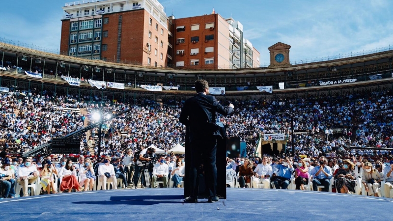 El presidente del PP, Pablo Casado, durante su discurso en la Plaza de Toros de Valencia con motivo del cierre de la Convención Nacional.