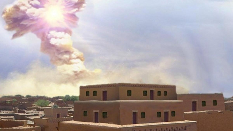 Recreación de la explosión de un cuerpo celeste sobre la ciudad de Tall el-Hammam, en Jordania.