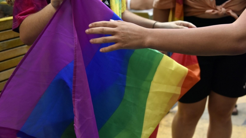 Dos chicos sostienen la bandera LGTBI durante una manifestación.