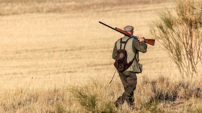 Un cazador camina por el campo con el cañón de su escopeta apoyado sobre el hombro.