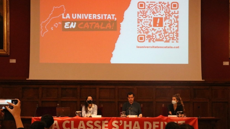 Una imatge de la roda de premsa per presentar la web per reivindicar el català a la universitat.