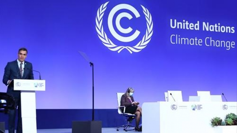 El presidente del Gobierno, Pedro Sánchez, interviene en la segunda jornada de a Conferencia Mundial del Clima, la COP26, a 1 de noviembre de 2021, en Glasgow, (Reino Unido).