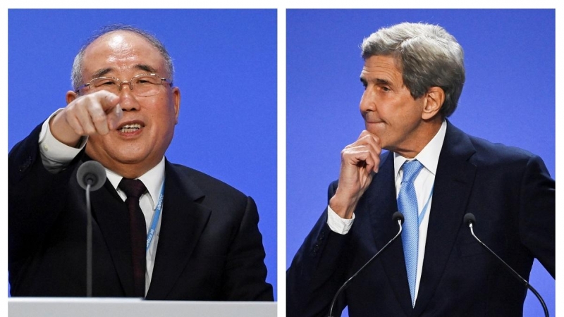 Xie Zhenhua, responsable de las negociaciones de China en la COP26, y John Kerry, enviado especial de EEUU para el Clima.