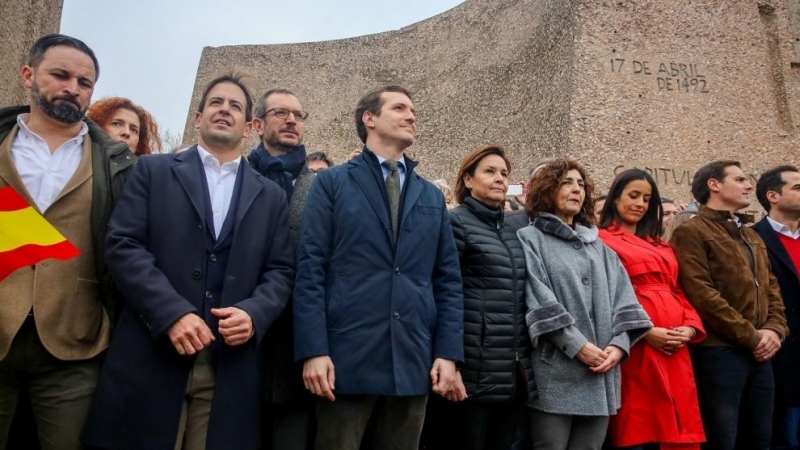 Los líderes de Vox, PP y Cs, en Colón en una manifestación realizada en 2019.