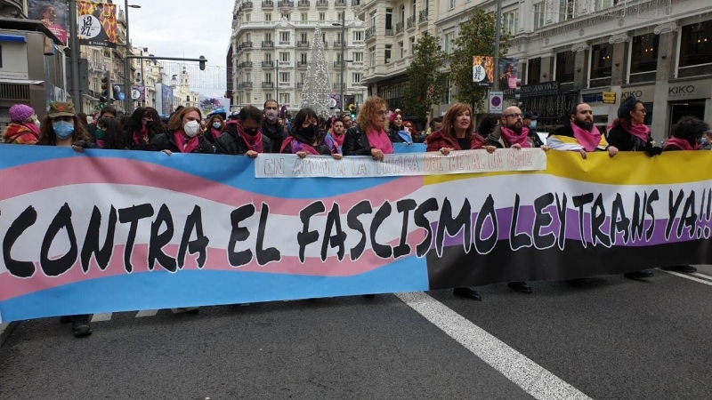 La manifestación a favor de la ley trans, a su paso por la Gran Vía de Madrid.