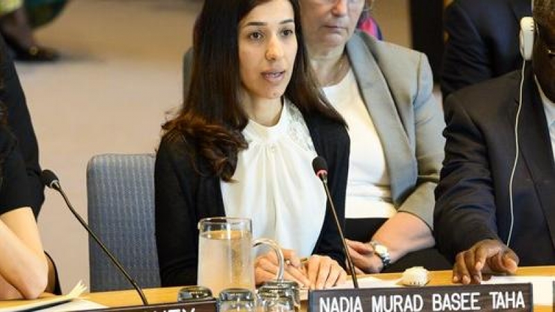 23 de abril de 2019, EE. UU., Nueva York: la activista iraquí de derechos humanos Yazidi Nadia Murad se dirige a una reunión del Consejo de Seguridad de la ONU sobre las mujeres y la paz y la seguridad, con un enfoque en la violencia sexual en los conflic