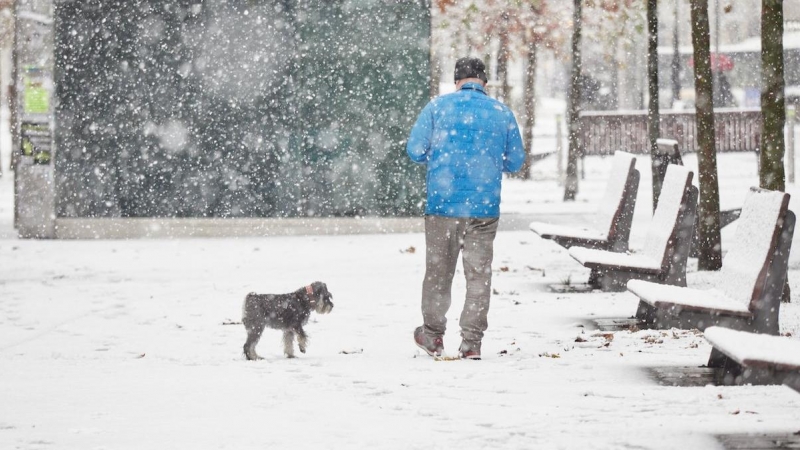 Un hombre camina sobre la nieve junto a su perro, a 28 de noviembre de 2021, en Pamplona, Navarra.