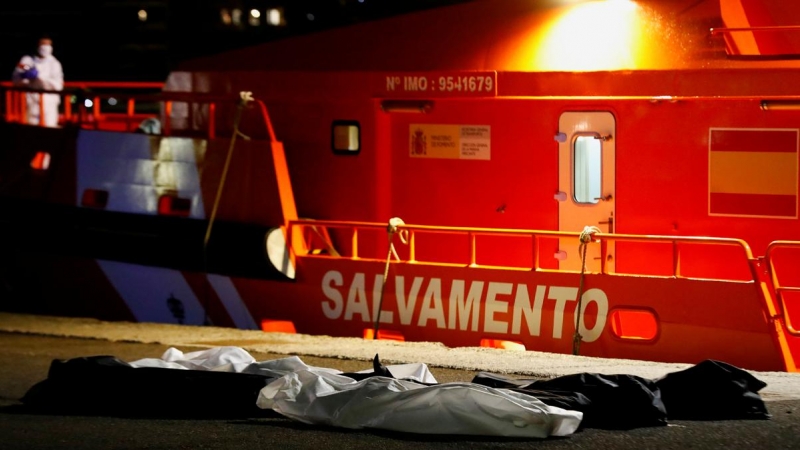 Los cuerpos de siete personas migrantes que fallecieron en una patera rumbo a Canarias, en el muelle de Arguineguín, Gran Canaria, el pasado 14 de noviembre.