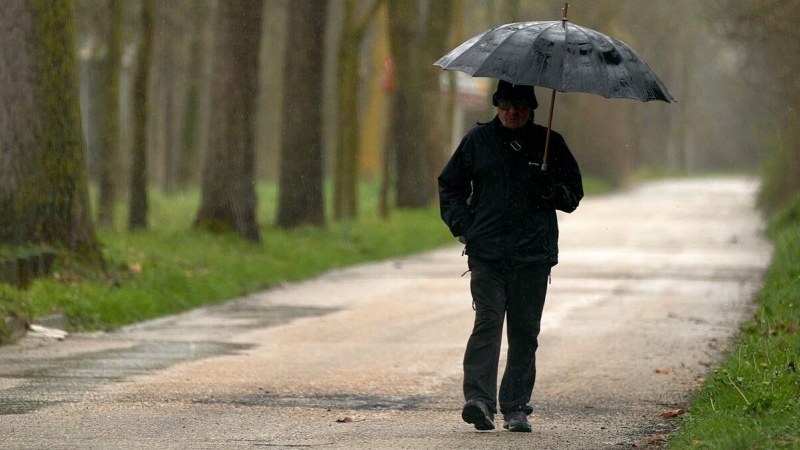 Una persona se refugia con un paraguas de la lluvia en Vitoria, País Vasco (España).