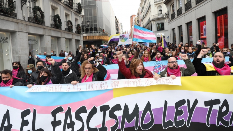 Varias personas sostienen una pancarta donde se lee 'Contra el fascismo Ley Trans', en una manifestación contra las agresiones al colectivo LGTBI, a 20 de noviembre de 2021, en Madrid.