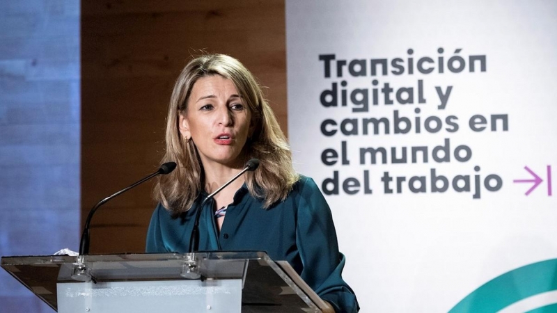 La vicepresidenta segunda y ministra de Trabajo, Yolanda Díaz, durante la inauguración de la jornada 'Transición digital y cambios en el mundo del trabajo', en Madrid. EFE/ Luca Piergiovanni